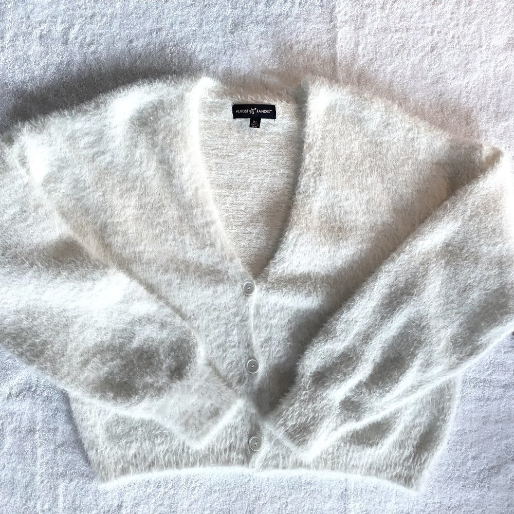 NWT Almost Famous fuzzy white cropped cardigan, size XL